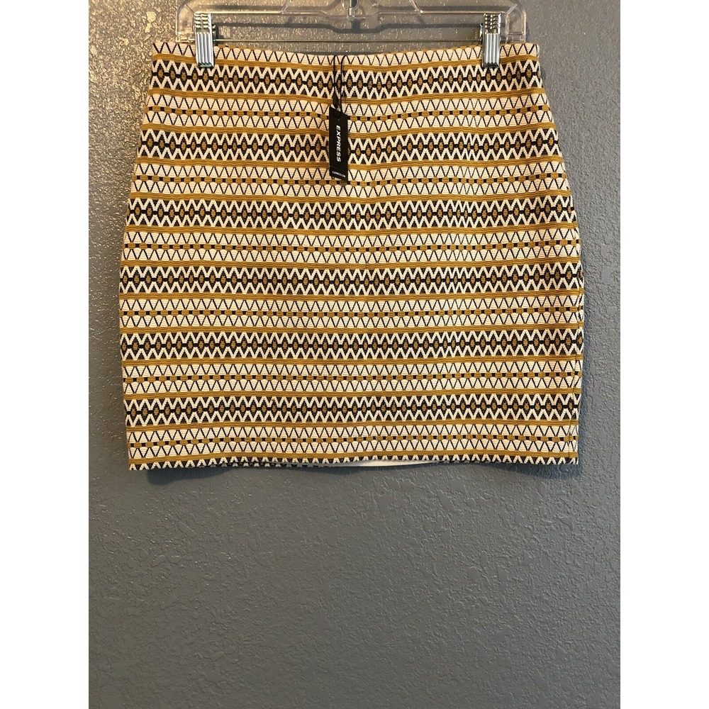 New Express Womens Skirt Medium Yellow Black White Pull On‎ Mini Aztec Geometric